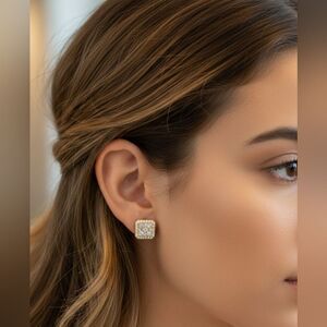 Stunning Moissanite Lab Created Diamond Squared Cluster Earrings 14K Over .925